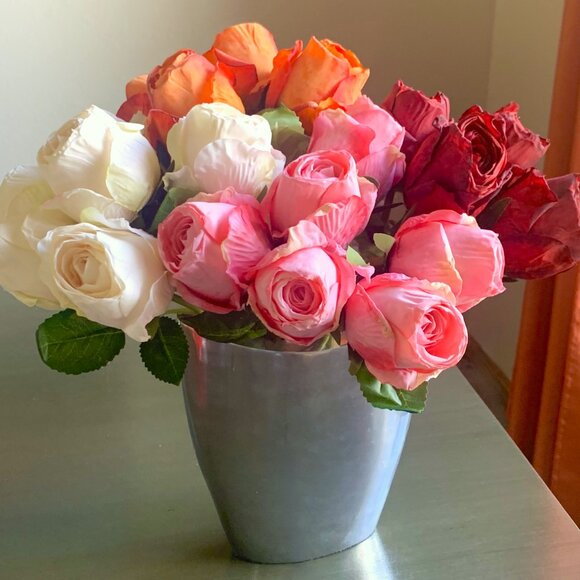 12" Realistic Artificial Flowers Bundle 6 Large Orange Burnt Edge Roses Rosebuds - Picture 4 of 4